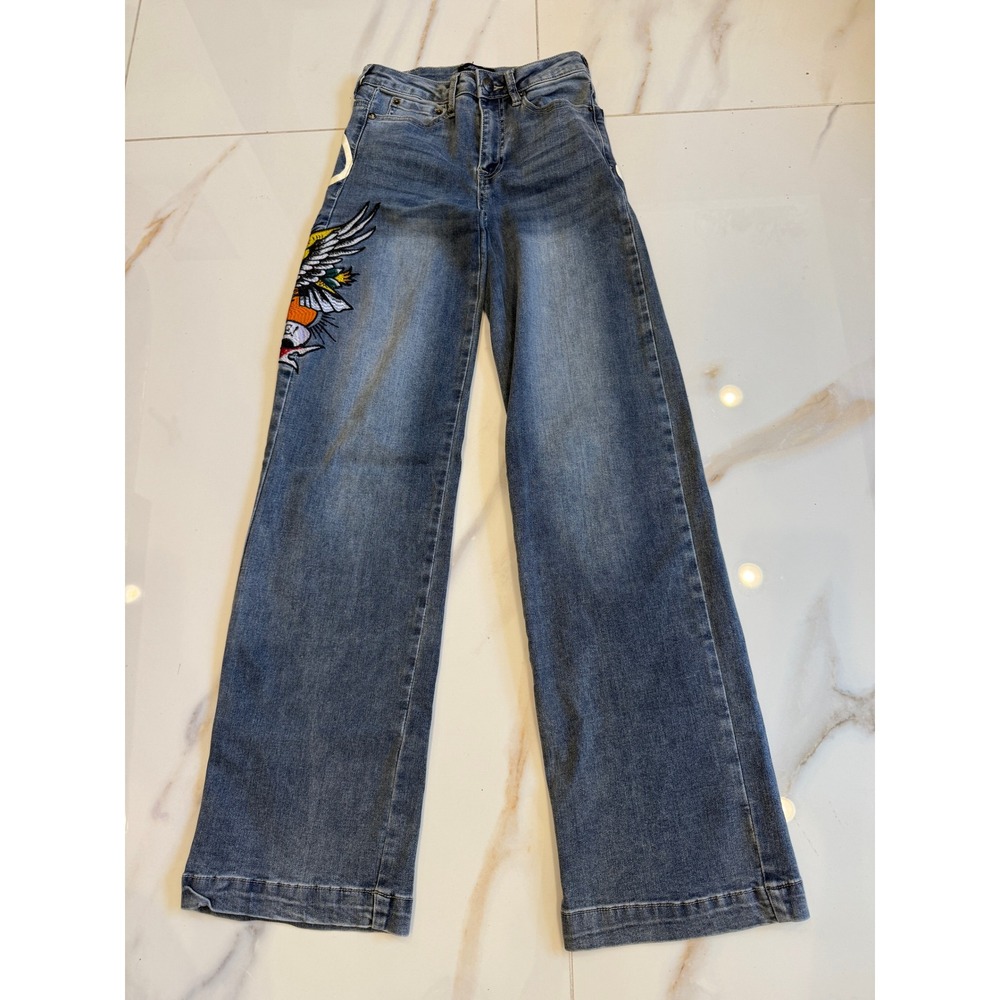 Ed Hardy Wide Leg Denim Jeans Blue Tattoo Graphic Embroidered Size 24 Y2K - Picture 2 of 7